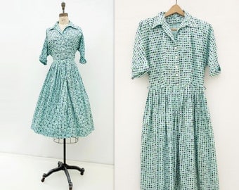 Vintage 50s Dress 1950s Blue Day Dress Shirtwaist Dress 50s Cotton Dress Full Skirt Dress Robins Egg 50s Aqua Dress Fit and Flare Dress m