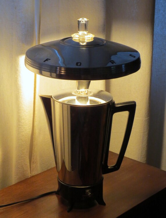 Ford Presto coffee pot lamp with hubcap shade and LED bulb