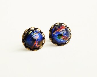 Black Opal Stud Earrings Opal Studs Vintage Glass Fire Opal Post Earrings Black Opal Earrings Hypoallergenic Black Opal Jewelry