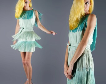 Reserved*** 60s Fringe Mini Dress Vintage Silk Ombre Dress Go Go Mod Dress 60's Does 20's Vintage Light Blue Dress Size X Small 34 Bust