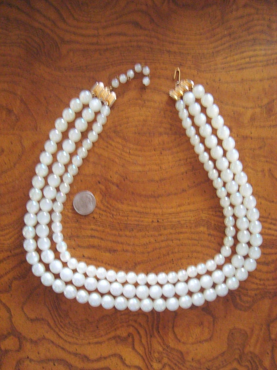Vintage Moonglow White Beads 3 Multi Strand Statement Necklace
