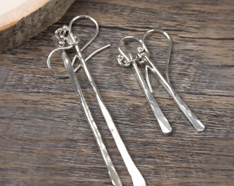 Hammered Silver Bar Earrings, Sterling Silver Bar Dangle Earrings, Handmade Silver Jewelry, Boho Jewelry, Silver Dangle Earrings