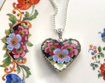 Broken china jewelry heart pendant necklace antique blue and pink blossoms, recycled china
