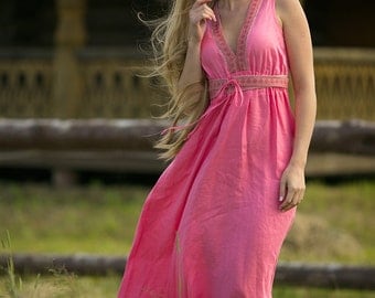 Summer dress for woman, Sarafan Pink, Boho dress, Linen sleeveless dress, Vintage style sundress, Slavic Dress, Linen Sundress Women