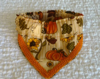 Dog Bandana, Thanksgiving Dog Scrunchie, Harvest Bounty Fancy Bandanchy with orange gimp trim - Size S: 12" to 14" neck