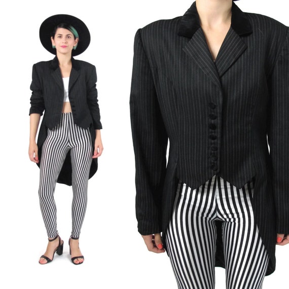 80s Long Tails Tuxedo Jacket Black Pinstripe Blazer Tailored