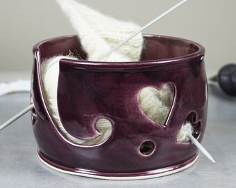 Purple Heart Yarn bowl, Knitting Bowl, Yarn holder Crochet Bowl, bright eggplant knit Storage Organizer, BlueRoomPottery