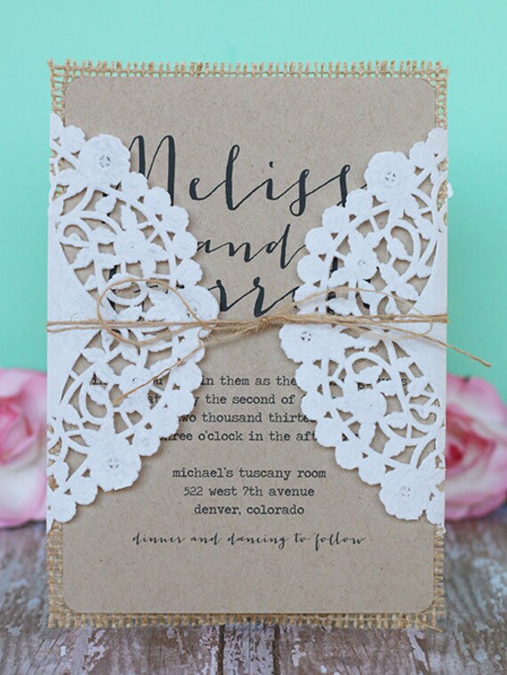 Burlap and Lace Wedding Invitation Rustic by SoireePapery on Etsy