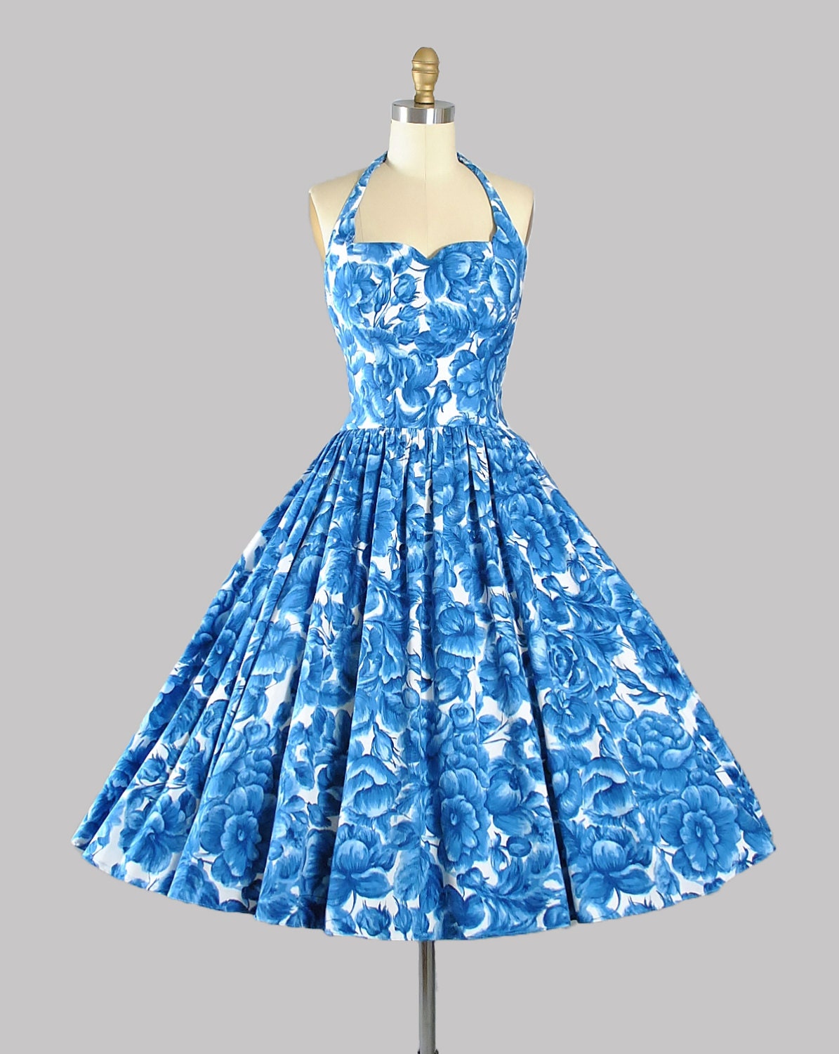 RESERVED 50s Dress / 1950s Blue Navy Rose Print Sundress