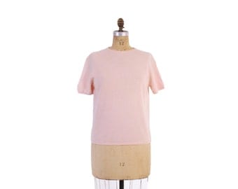 Vintage 60s SWEATER / 1960s Pale PINK CASHMERE Short Sleeve Pin-Up Jumper L