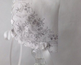 Handkerchief Baby Bonnet, Hanky Bonnet, Handmade, Pure Irish Linen, Heirloom Baby Bonnet, size up to 4 months, Keepsake, Ready to Ship