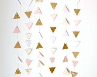 Gold, Blush Pink and White Glitter Triangle Bunting Garland - Gold Wedding Decor - Pink and Gold Party Decor, Rustic Shabby Chic Neutrals