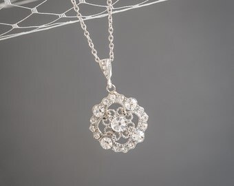 Bridal Necklace, Wedding Necklace, Crystal Pendant Necklace, Art Deco Filigree Necklace, Vintage Style Wedding Bridal Jewelry, DEVANA
