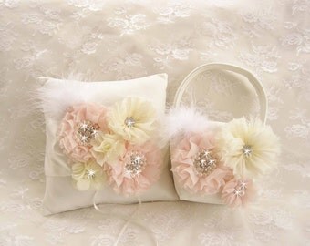 Flower Girl Basket Ring Bearer Pillow, Ivory and blush Flower Girl Basket Set Wedding Pillow