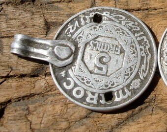 Moroccan tarnished 5 franc coin with two holes and ridged loops/bails