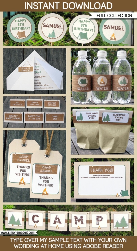 Camping Theme Party Invitations & Decorations - full Printable Package - INSTANT DOWNLOAD with EDITABLE text - you personalize at home Il_570xn
