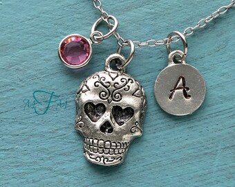 Sugar Skull Charm Necklace, Personalized Necklace, Silver Pewter Day Of The Dead Charm, Dia de los Muertos Necklace, Skull Necklace