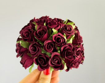 48 Roses / Burgundy Paper Flowers Bouquets / 20 mm / Roses With Wire Stems / 48 Blossoms Total / Flower Ball / Wedding / Bridal / Favors