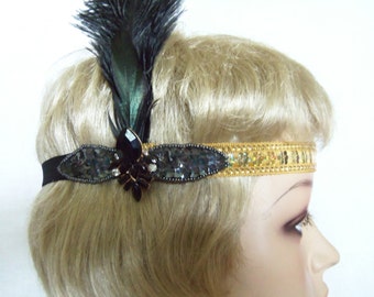 Gold Great Gatsby Headpiece - Black and Gold Flapper Headband - 1920s Headpiece - Flapper Costume - Roaring 20's Headband