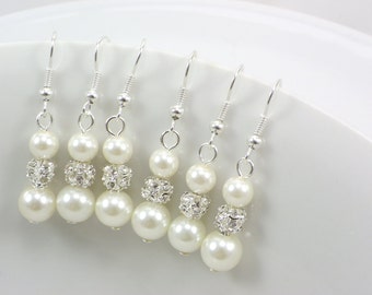 Set of 5 bridesmaid, 5 Pairs Pearl Bridesmaid Earrings, Long Pearl Earrings, Pearl and Rhinestone Earrings, Dangle Earrings, Bridesmaid Gift