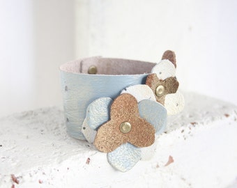 Artisan Leather Jewelry | Chic Bracelet | Floral Leather Cuff | Painted Leather Bracelet | Leather cuff Bracelet for women | Blue gold