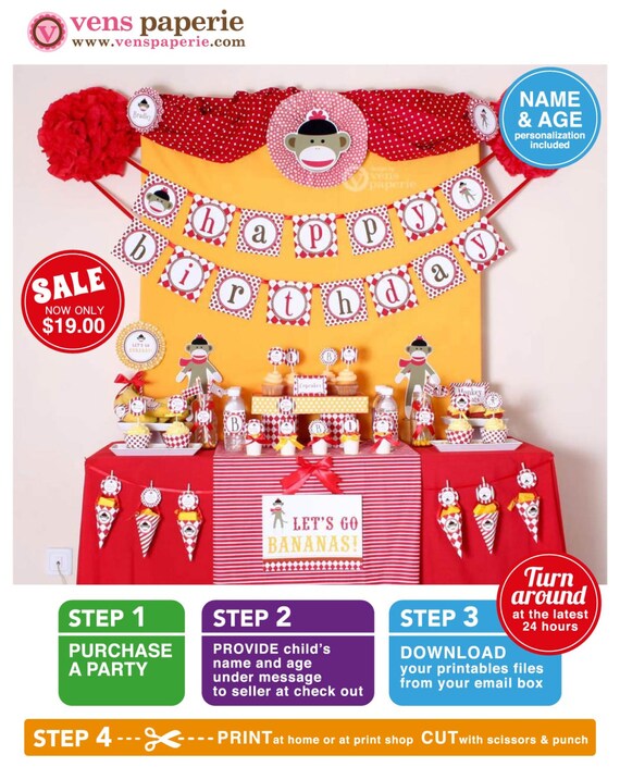 Special Price - Sock Monkey Birthday Party Package Personalized FULL Collection Set - PRINTABLE DIY - PS819CA1x Il_570xn