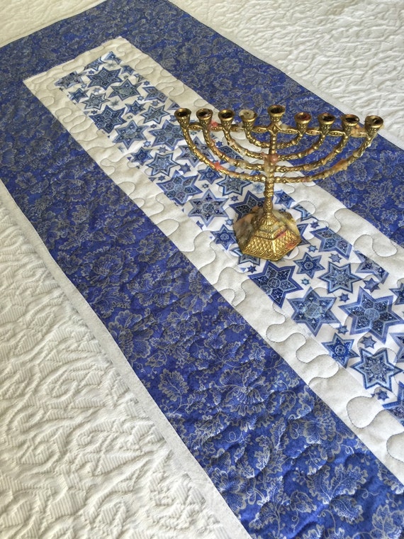 Hanukkah Table Runner Quilt Blue White Channukah