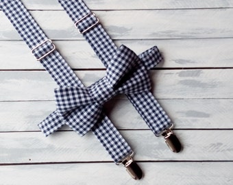 boys navy blue gingham bow tie and suspenders - boy suspender set - toddler suspenders - baby suspenders - nautical - wedding - photo prop
