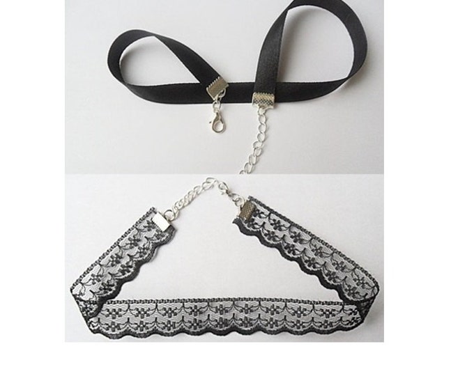 Black satin and lace choker necklace set / (pick your neck size) /ribbon choker necklace