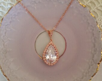 CRYSTAL ROSE GOLD Bridal Necklace Teardrop Real Rose Gold Plated Chain Rose Gold Crystal Pendant Simplistic Bridesmaids Mother of the Bride