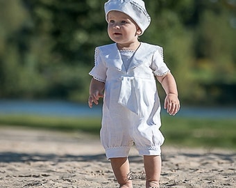 Baby boy baptism outfit Boy sailor rompers Baby boy linen overalls White christening suit Ring bearer outfit photo prop Boy nautical clothes