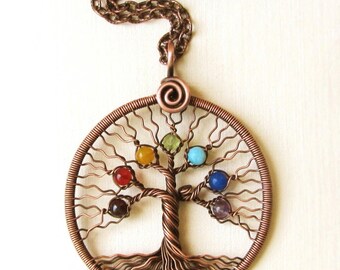 Chakra pendant Yoga-Necklace Tree-of-Life Pendant Chakra-Jewellery copper wire Family-tree Rainbow pendant women gift chakra stones MW01