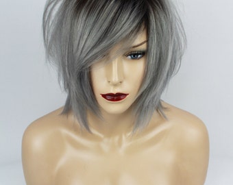 Ombre Brown & Grey Human Hair Wig. Uni-Sex, One Size.