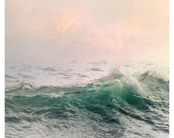 Large Sea wall art, water landscape photography, ocean wave art print, pastel pink green nautical decor, oversized photo poster, 20x20,24x24