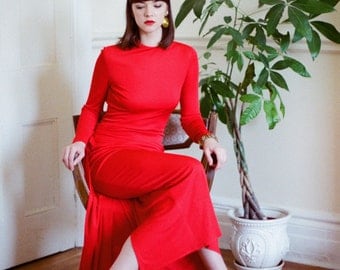 JEAN-LOUIS SCHERRER #'d Couture Gown, Designer Minimalist Modern Red Gown, Bias Cut Draped Jersey with Gathered Wrap Train