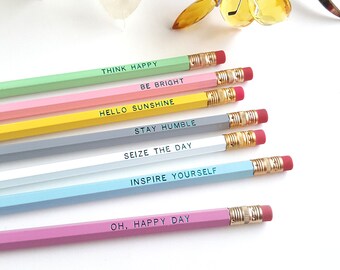 Sweet Sentiments Pencils — Set of 7 Pencils — Hello Sunshine, Be Bright, Seize the Day, Inspirational Gift, Stationery Gift, Gifts Under 15