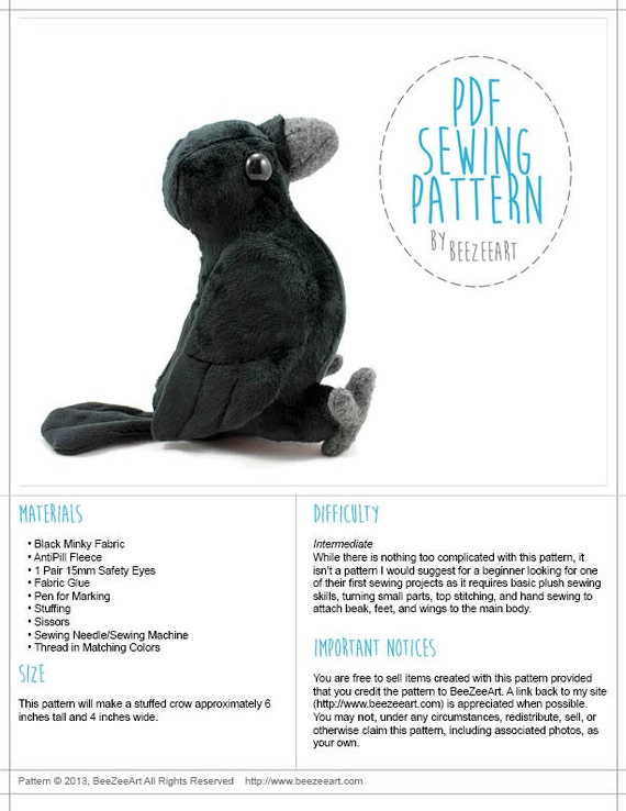 Crow Plush Raven Plush Bird Stuffed Animal Sewing Pattern