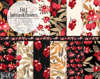 AUTUMN digital paper fall berries and flowers for floral fall wedding invitations. Red, gold, khaki and black leaves, flowers.