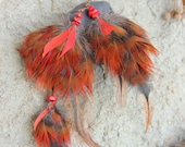 Shamanic Feather Earrings Asymmetrical Red with stones “Song of the Wolves" – Red Grey Shamanic Feathers Feather Earrings Tribal Woodland