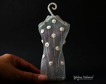 Miniature Wire Dress Form with tiny Paper Flowers - Miniature Sculpture