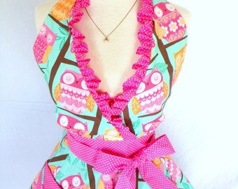Rockabilly Owl Apron Halter Style with Pink Dot Trim