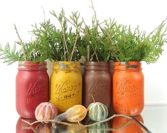 Fall Centerpiece, Colorful Home Decor, Autumn Decorations, Painted Mason Jars, Fall Table Decor, Mason Jar Decorations, Distressed Decor