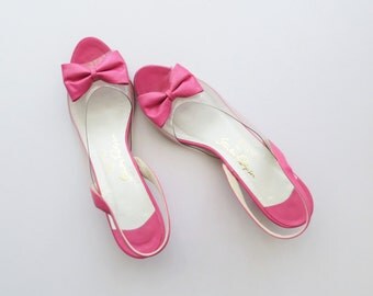 60s Stanley Philipson Pink Pumps with Bow Couture Peep Toe Sling Back Small Kitten Heel Women's US Size 8 Euro 38.5