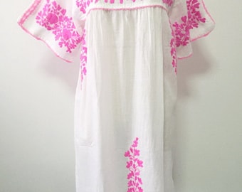 Embroidered Mexican Dress Cotton Tunic In White, Oaxacan Dress, Peasant Dress, Boho Dress