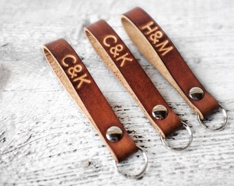 Personalized Leather Keychain Couples Gift, Anniversary Gifts with Custom Initials, 3rd Anniversary Keyring, Wedding & Valentine's Day Gifts