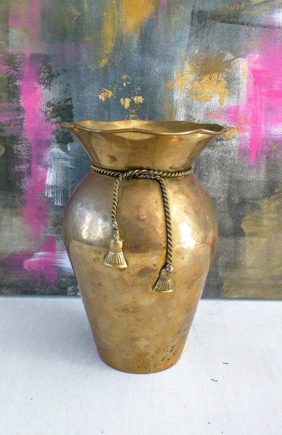 Vintage Brass Vase with Rope Accent / Mid Century Decor