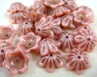 Czech Beads, Bell Flower Bead Caps, Czech Glass Flower Beads - Dusty Pink Picasso (BC/RJ-2746) - 12mm Wide - Qty. 12