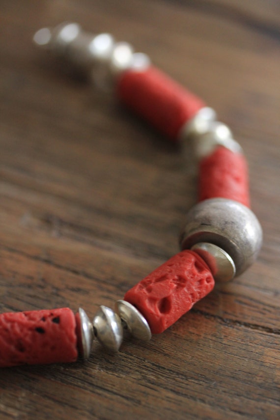 Items similar to Silver and red glass paste "coral" bracelet (B0052) on