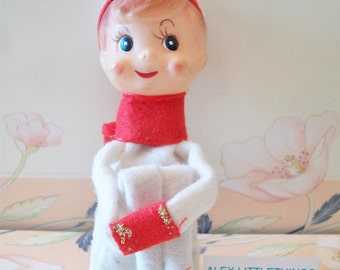 Vintage Pixie Elf Christmas Ornament Red White Knee Hugger
