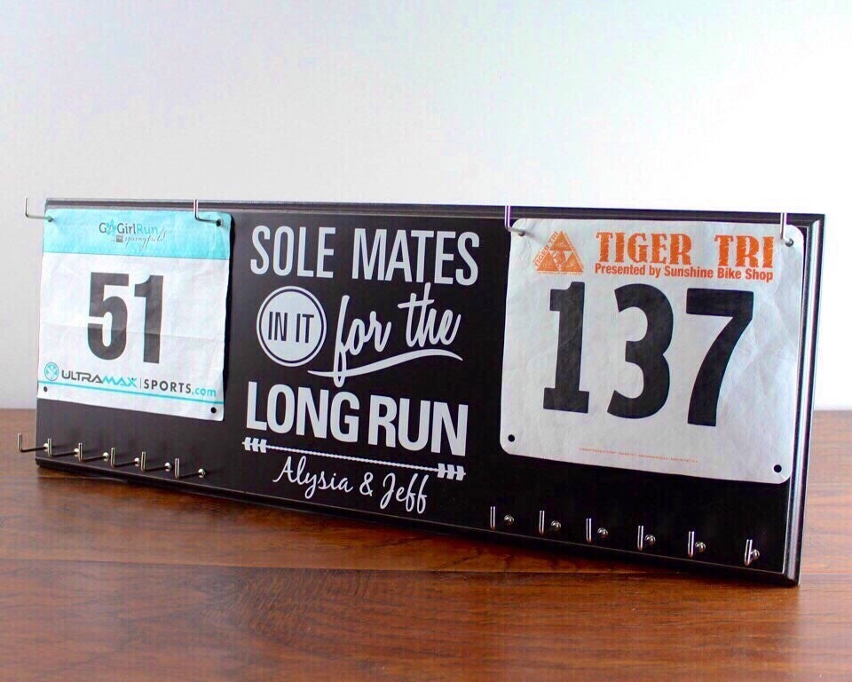 Couples gift for runner race bib and medal holder with his